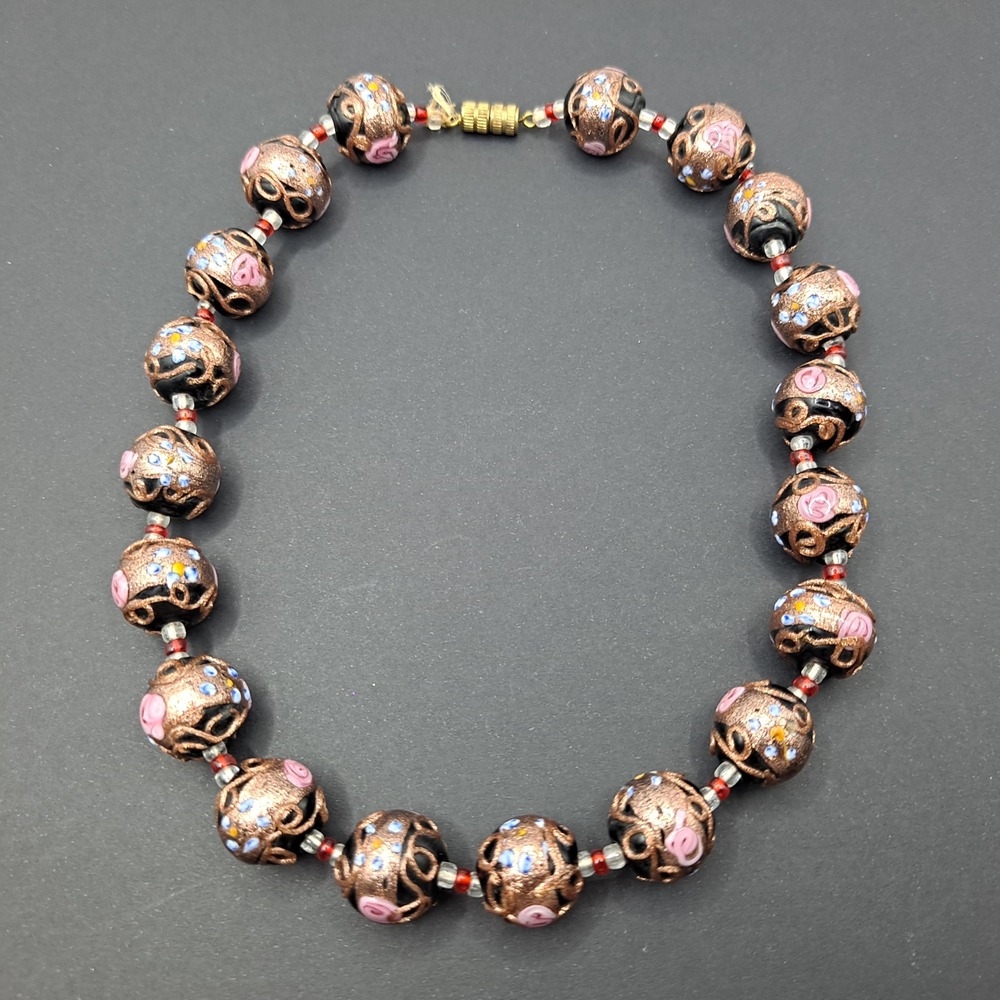 Vintage Wedding Cake Bead Necklace Millefiori Glass Goldtone Black Pink 15" READ - Picture 2 of 14